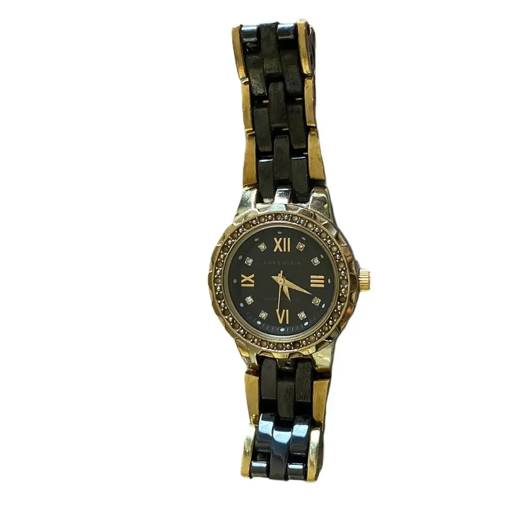 Anne Klein 10/9456 Two-Tone Gold & Black Ceramic Watch with Swarovski Crystals